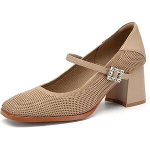 🆕Women Cream Mid Block Heel Buckle Strap Pumps Comfortable Square Toe Shoes